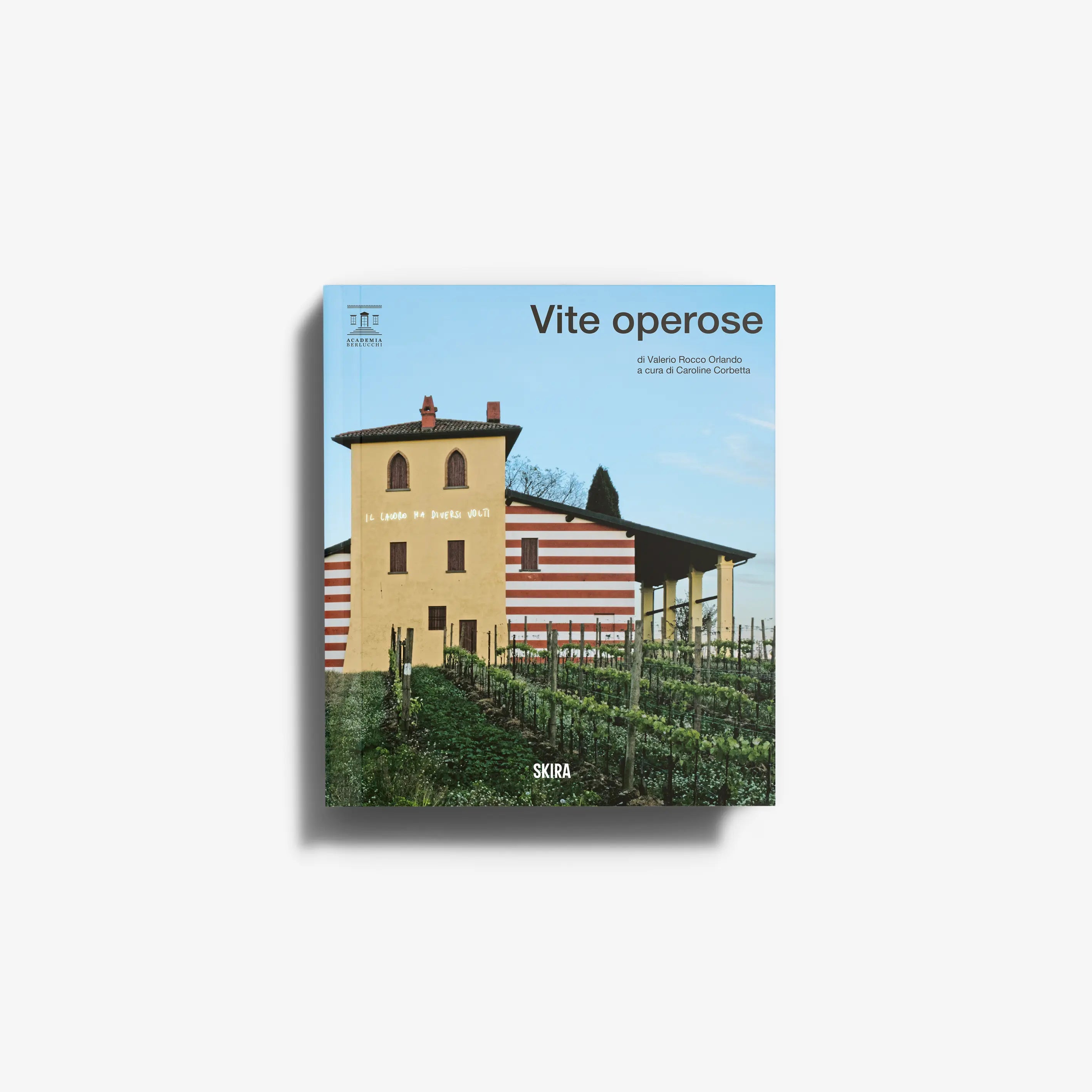 Contemporary art book by Skira Arte titled Vite operose, with light sculpture installation in a courtyard scene