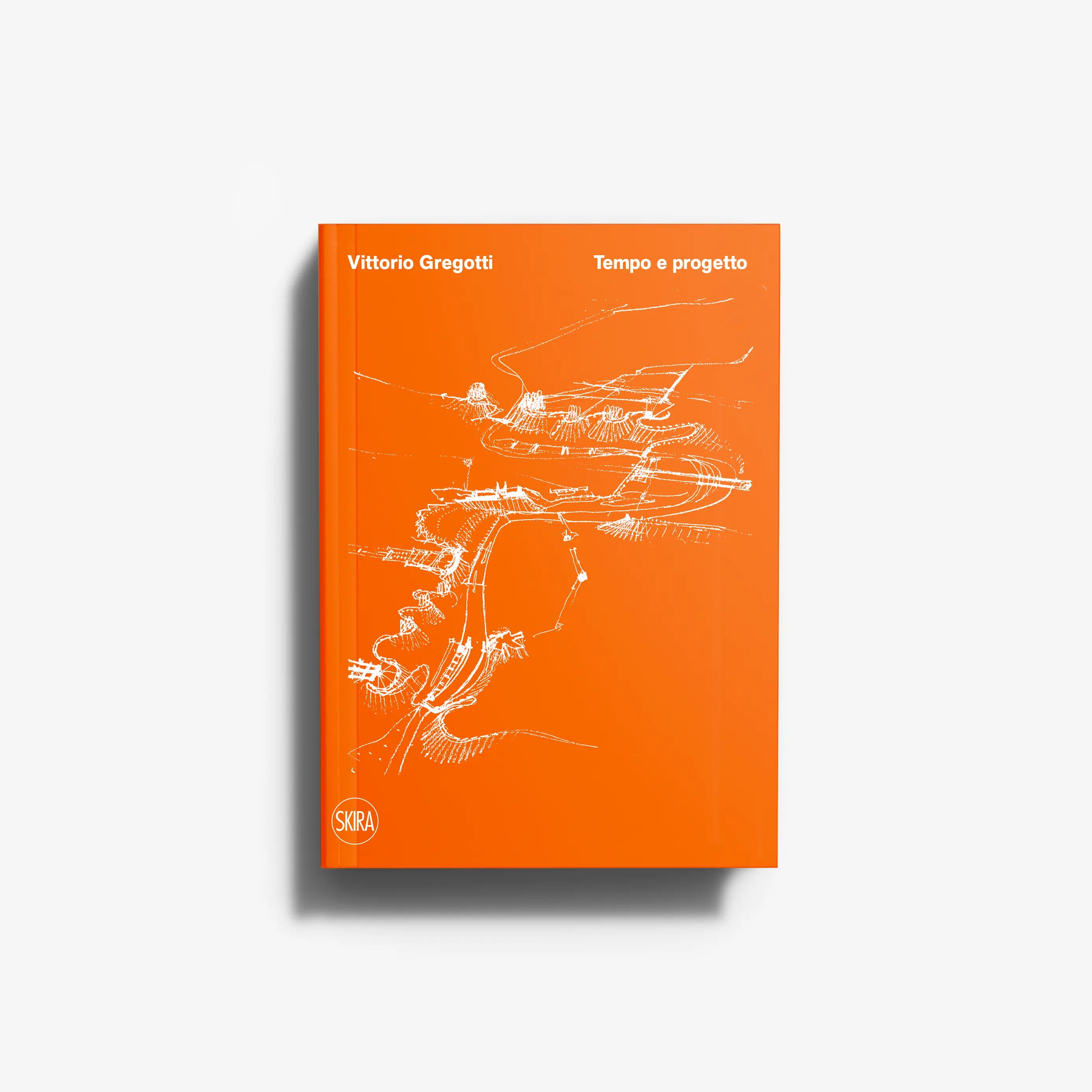 Architecture book in orange with white line drawings, Skira Arte, Vittorio Gregotti, Tempi e progetto, Saggio di architettura