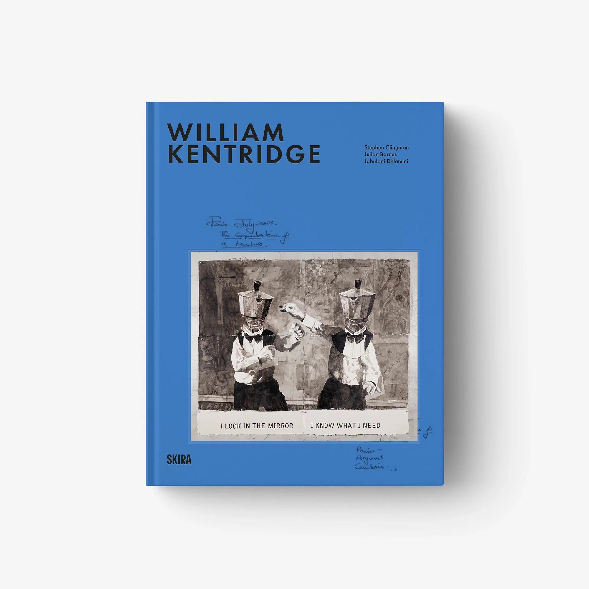 Blue art book with cover title and grayscale collage illustration inside frame