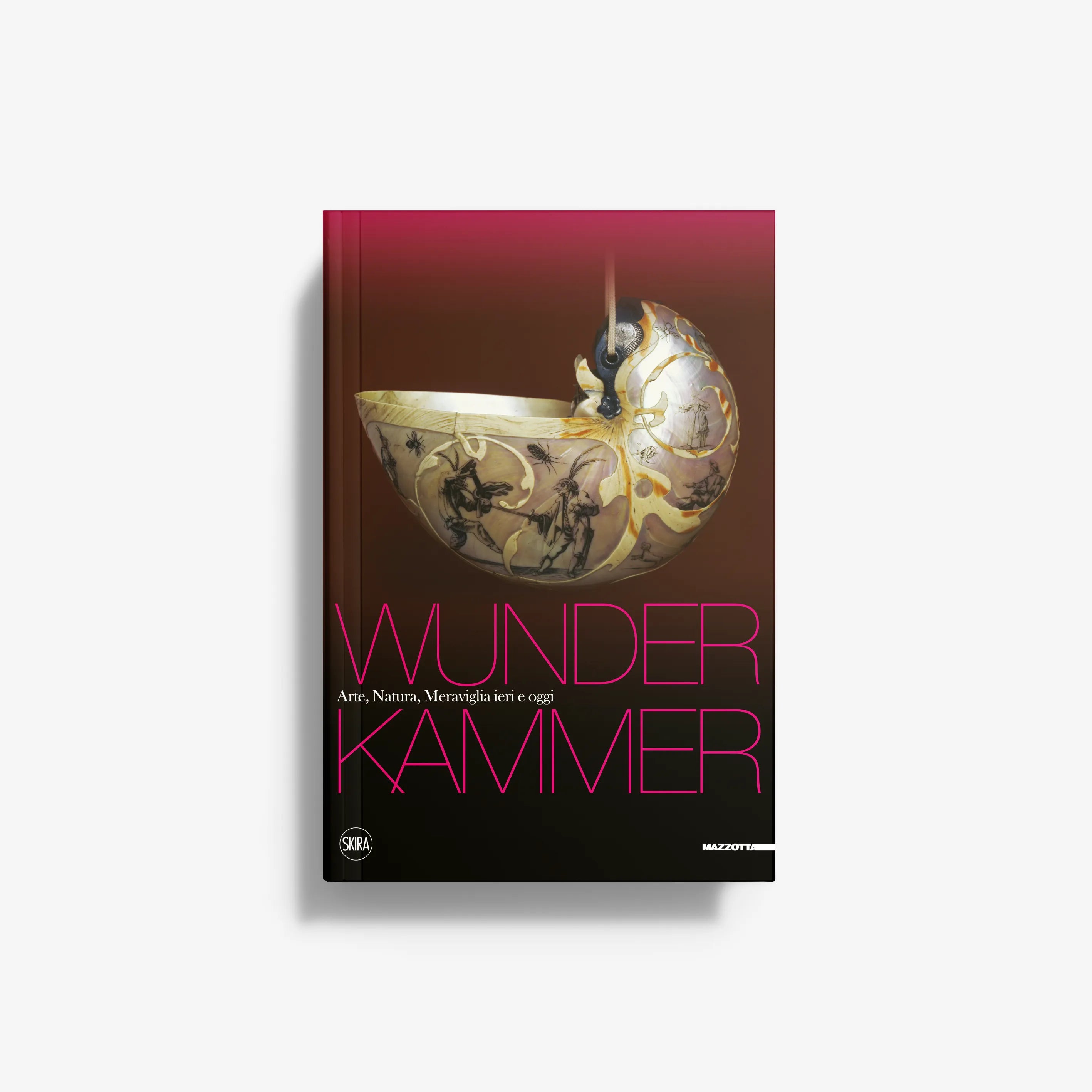 Wunderkammer book cover with maroon and black design, gold animal illustration, title text