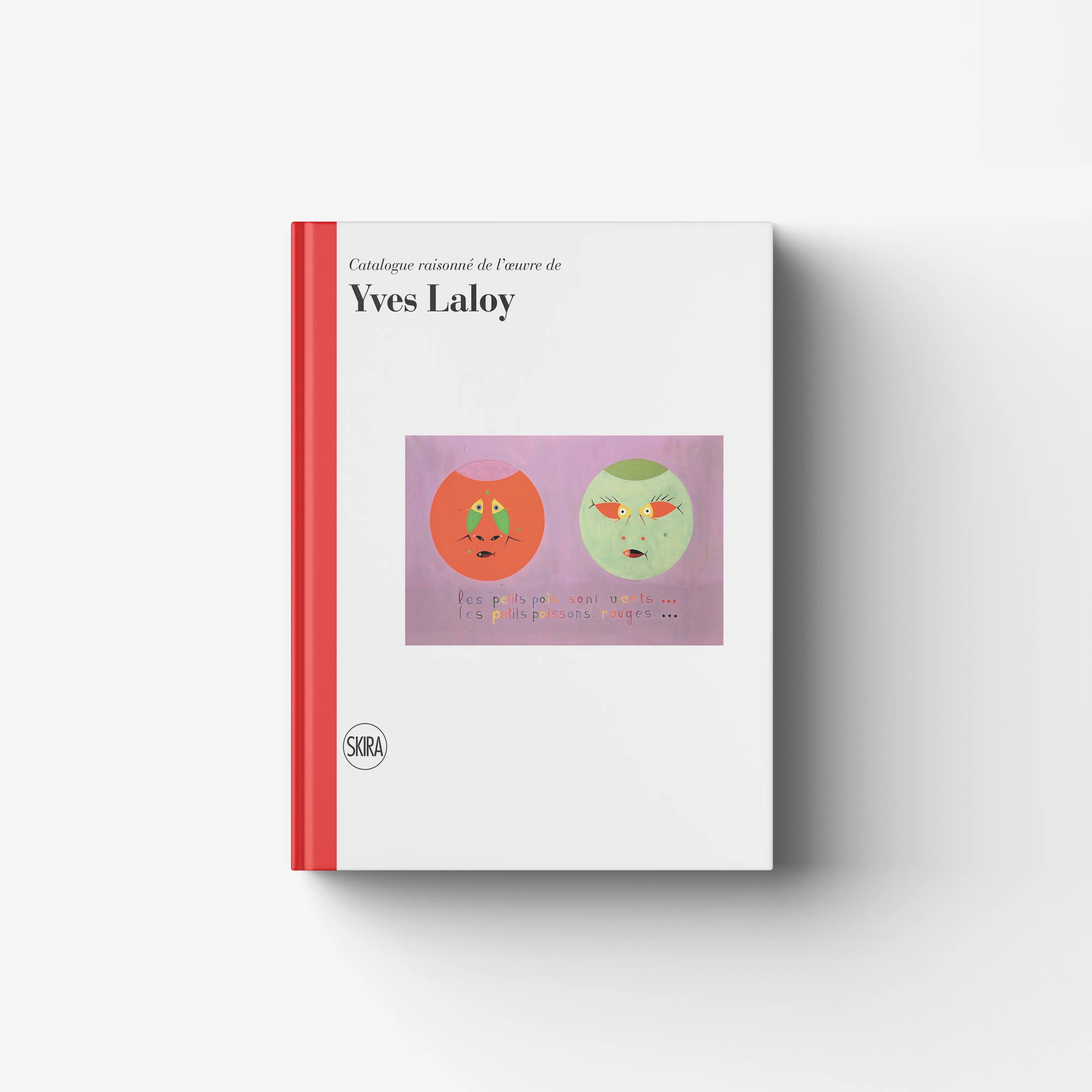 Hardcover art catalogue book with white cover, red spine, and colorful face artwork