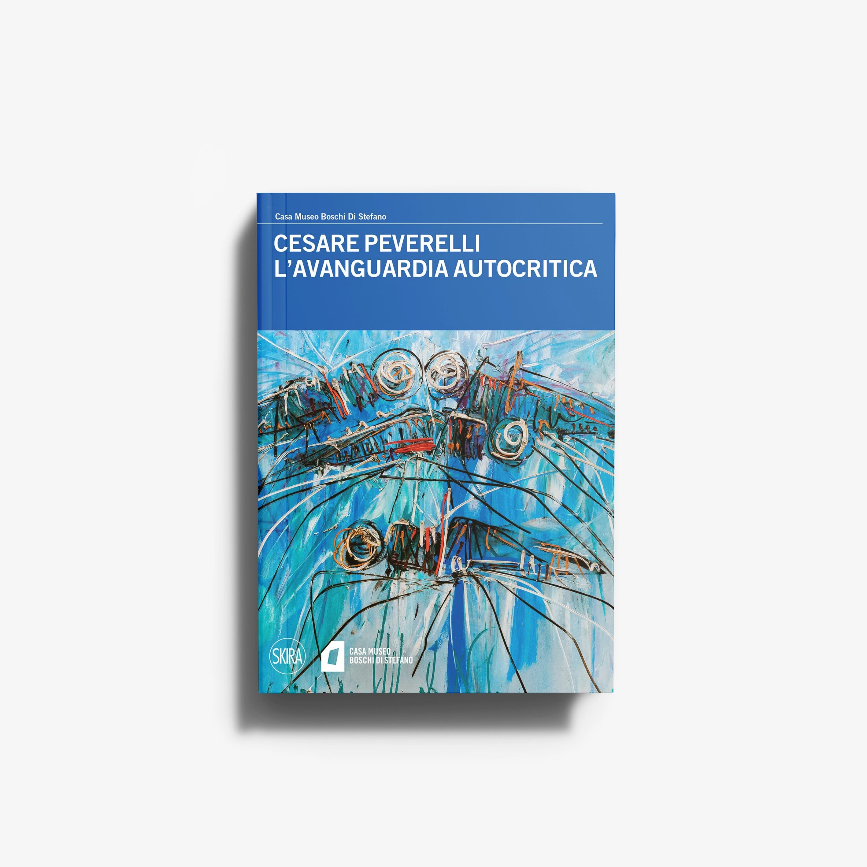 Contemporary art catalogue in blue with illustrated cover, Skira Arte, Cesare Peverelli, themes include surrealist insects