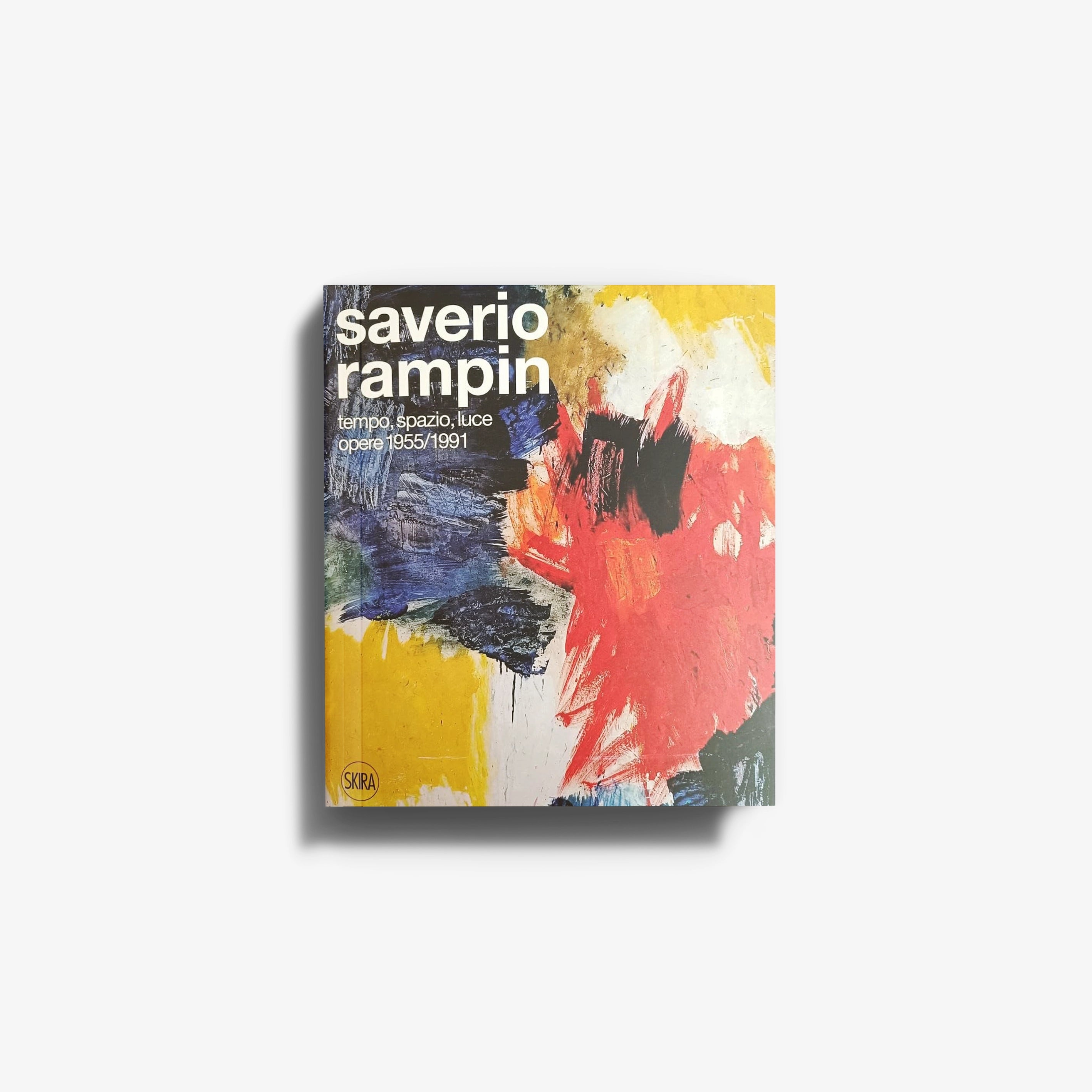 Art book by Skira Arte, Saverio Rampin, with illustrated catalogue cover in yellow, red and blue, tempo spazio luce