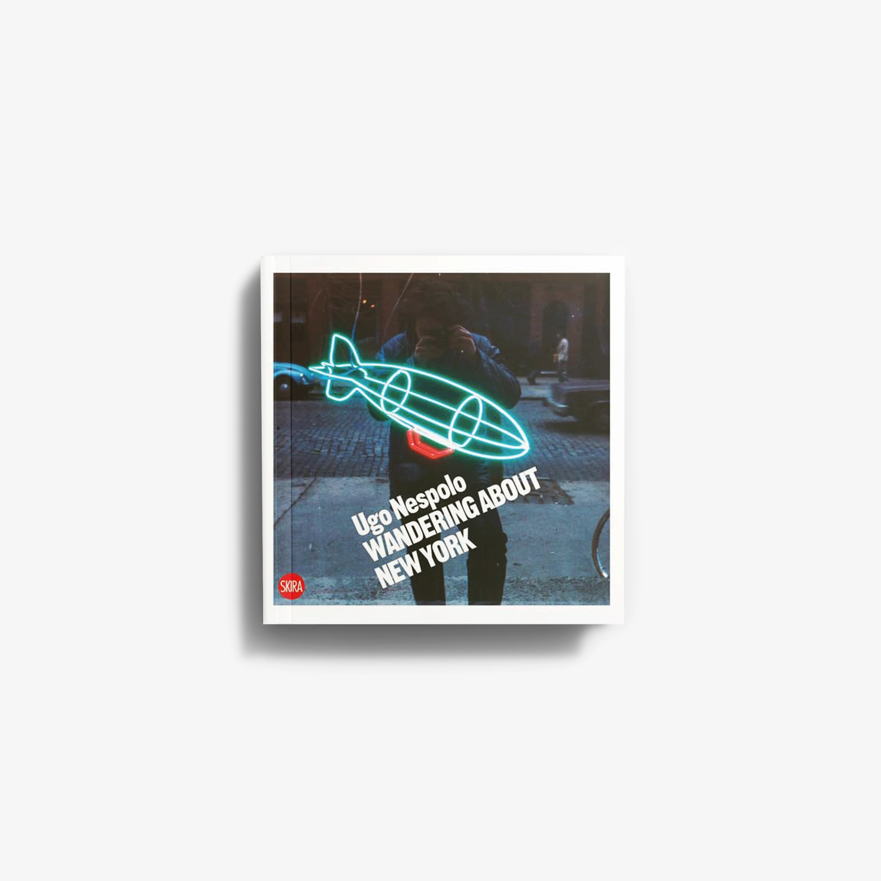 Photographic book by Skira Arte, Ugo Nespolo, with neon trumpet image and text Wandering about New York